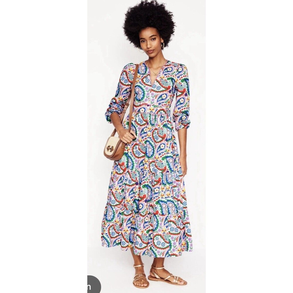 NWT New Boden Violet Trim Midi Dress Paisley Print Multicolor V Neck Size 8